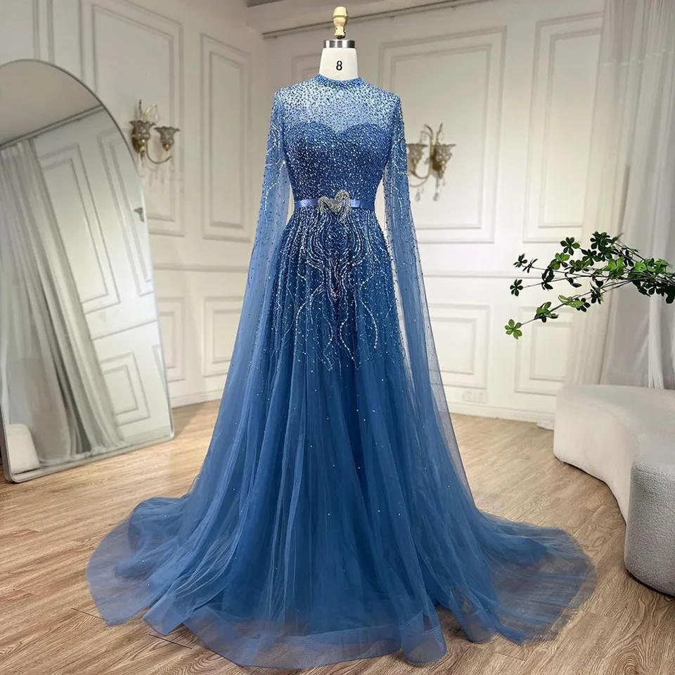 Serene Hill 2024 Blue A-Line Cape High Crck Korálkové večerné šaty pre plus veľkosti Party LA70066BB Prispôsobené