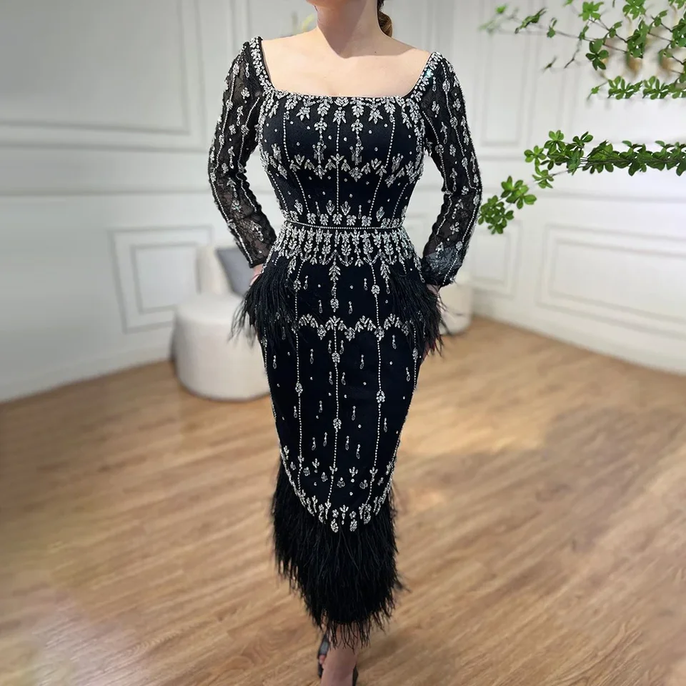 Serene Hill Crystal Feathers Dubai Večerné šaty Elegantné modré čipky Midi arabské šaty LA71492A Prispôsobené