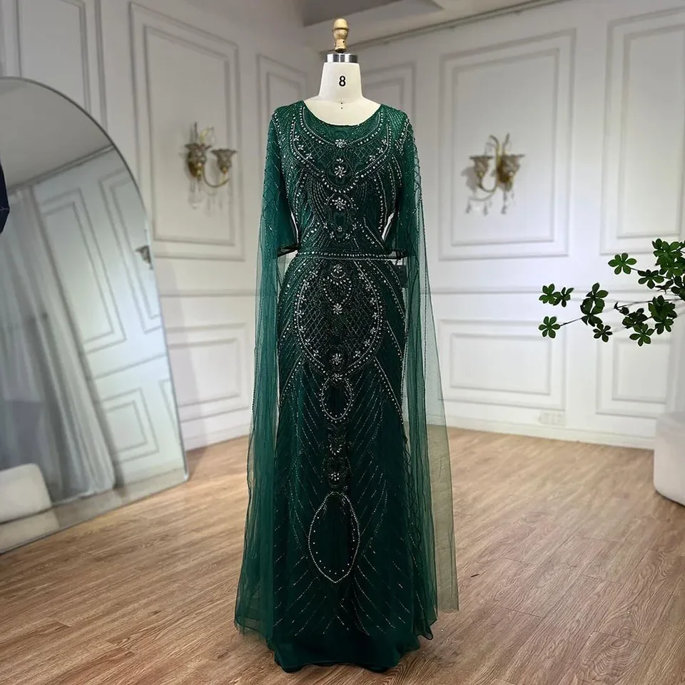 Serene Hill Dubaj Arabic Green Mermaid Večerné šaty s elegantnými luxusnými rukávmi Cape na večierok 2024 LA72562 Prispôsobené