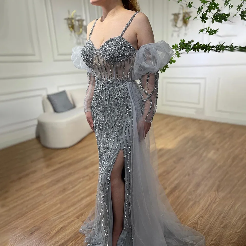 Serene Hill Gray Lerdaid Mermaid High Split Večerné šaty s oblátkovými rukávmi formálne večierky pre ženy DLA71571A Prispôsobené