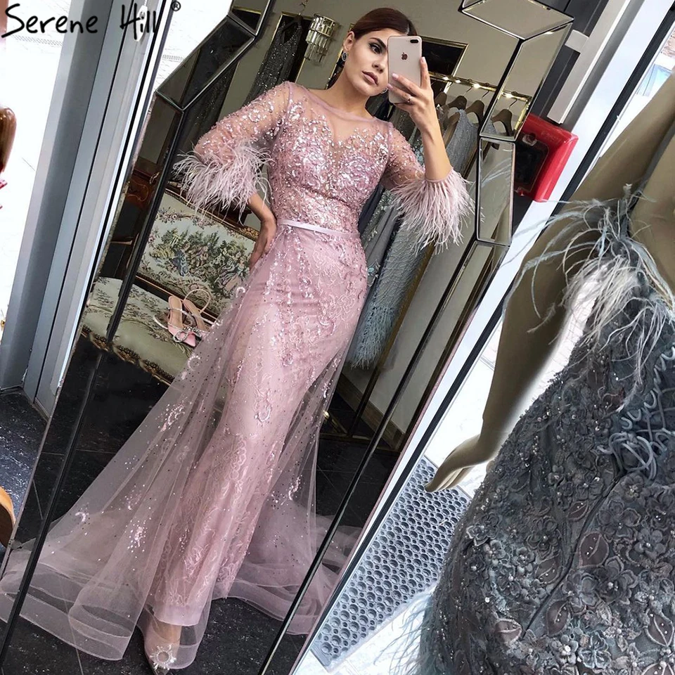 Serene Hill Luxury Gold Long Mermaid Večerné šaty šaty 2025 Kráľové perie Elegantné sexy prispôsobenie večierku Bla70827