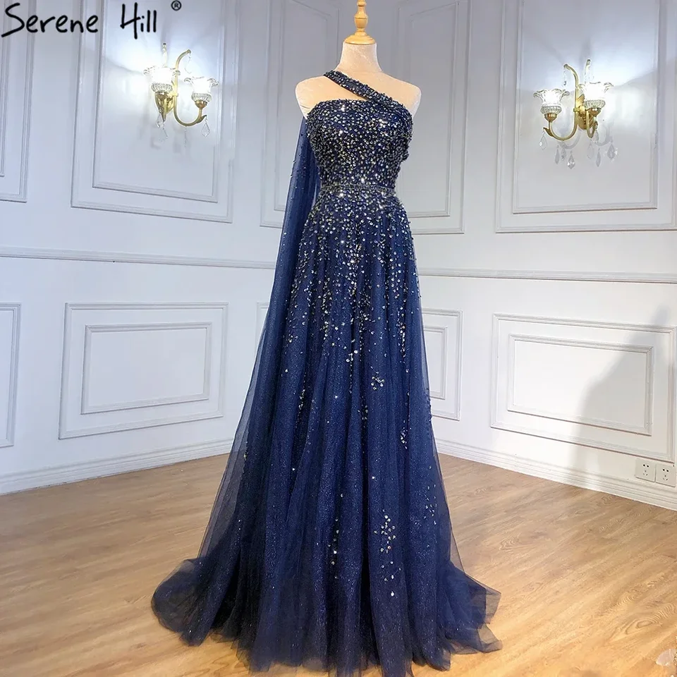 Serene Hill Navy Blue Brája korálky A-Line One Rameno Evening Dayses Party Gowns 2025 pre ženy Svadba DLA71432 Prispôsobené