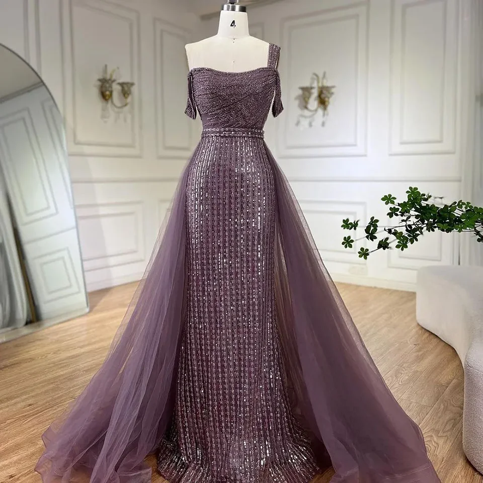 Serene Hill Prispôsobený 2025 Purple morská panna Elegantné korálkové luxusné večerné šaty Jedno ramenné zlaté šaty Svadobné hostiny GLA72453