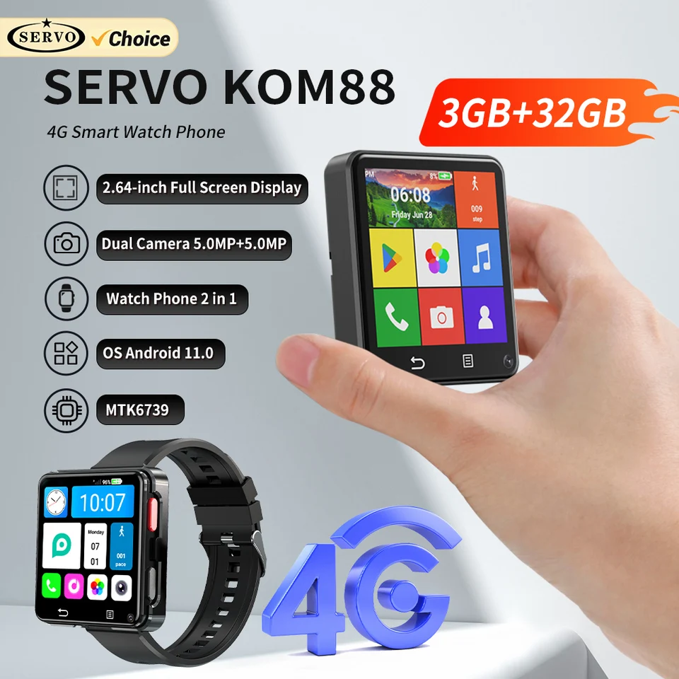Servo KOM88 4G Mini Smart Watch Phone Android 11.0 3GB+32 GB GPS 2,64 