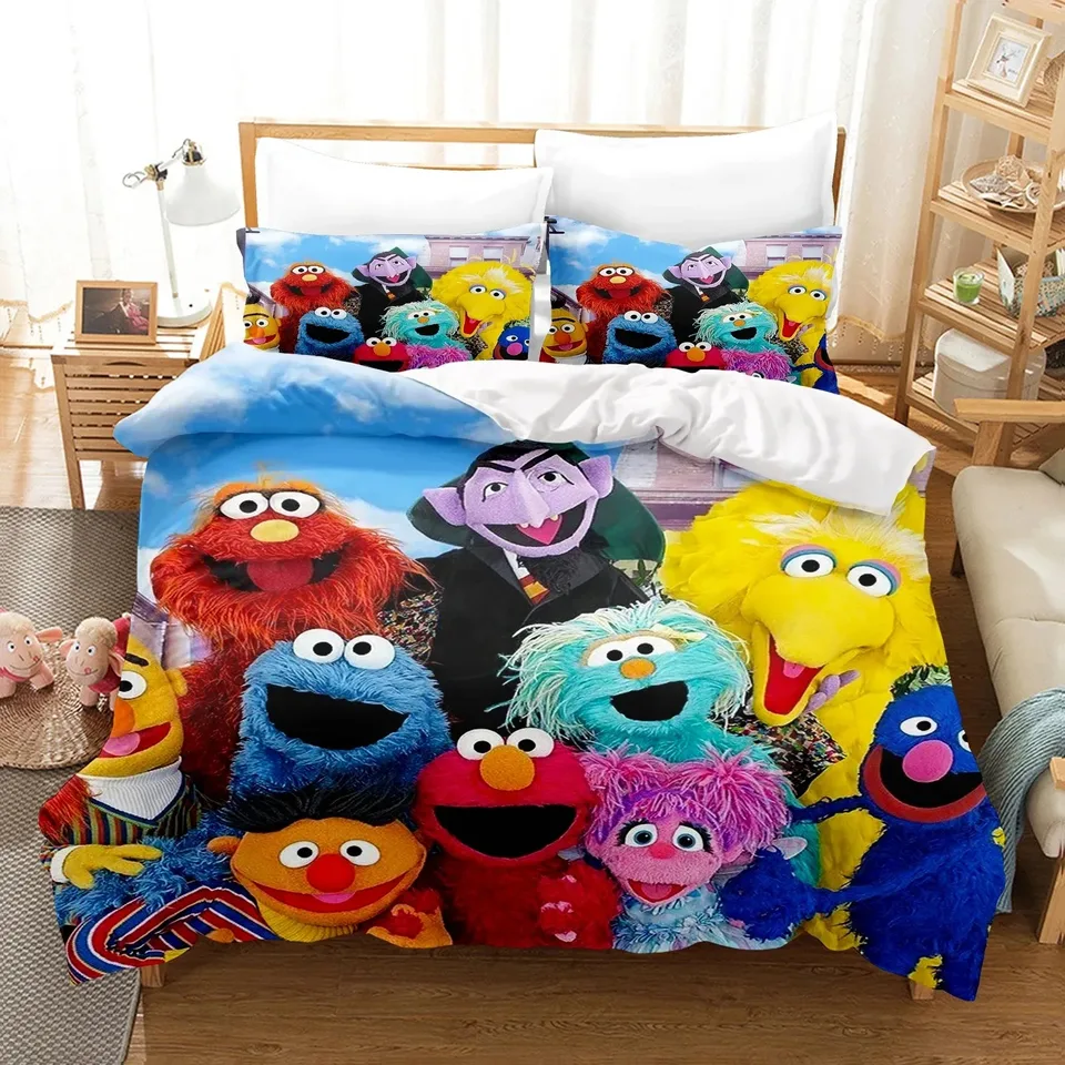 SESAME STRETOVÁ TLAČKA 3D ELMO Bedding Sets, Anime Bed Supplies Set Duvet Cover Bed Bed Set Set Set