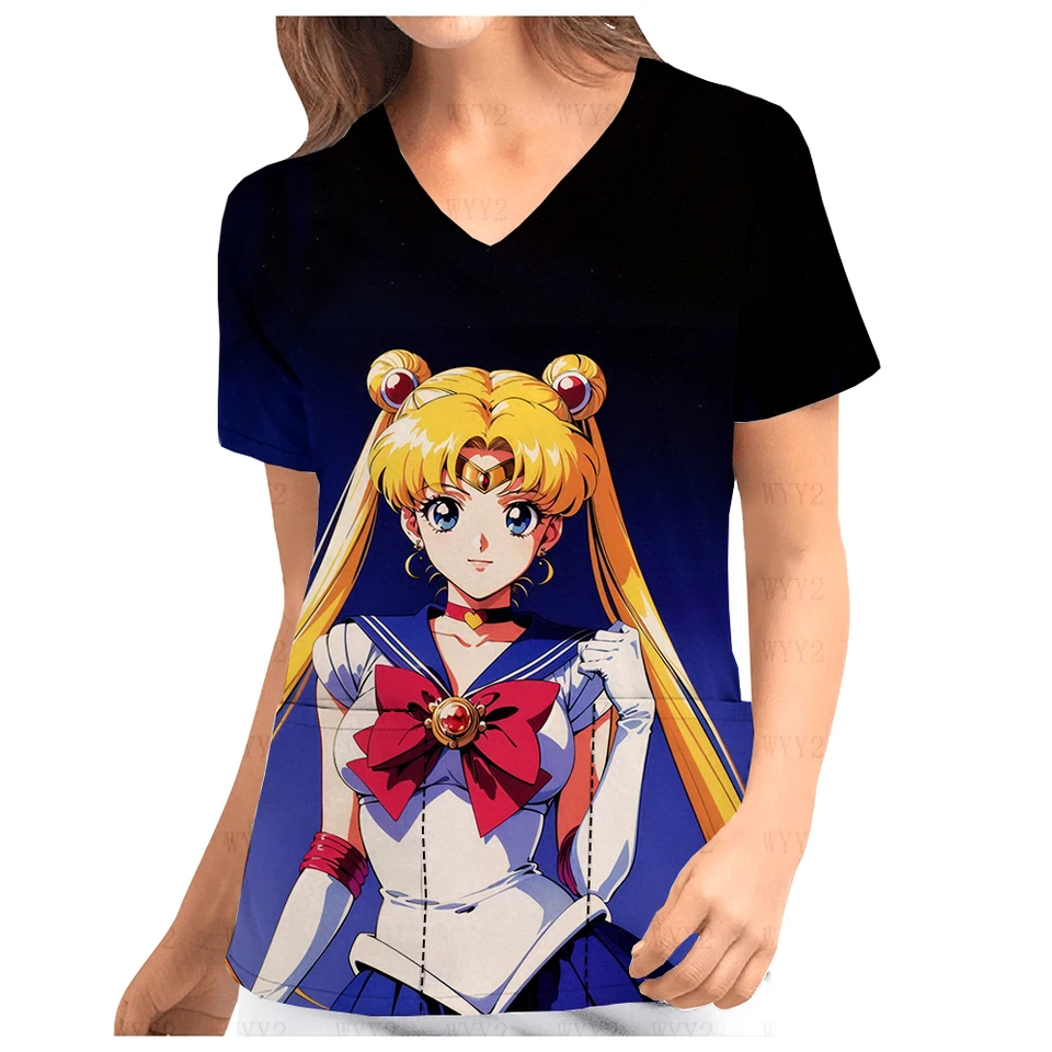 Sestra uniformy Sailor Moon tlač letné dámske ležérne v krku do krku maa s krátkym rukávom lekárske lekárske praktické pracovné uniformy