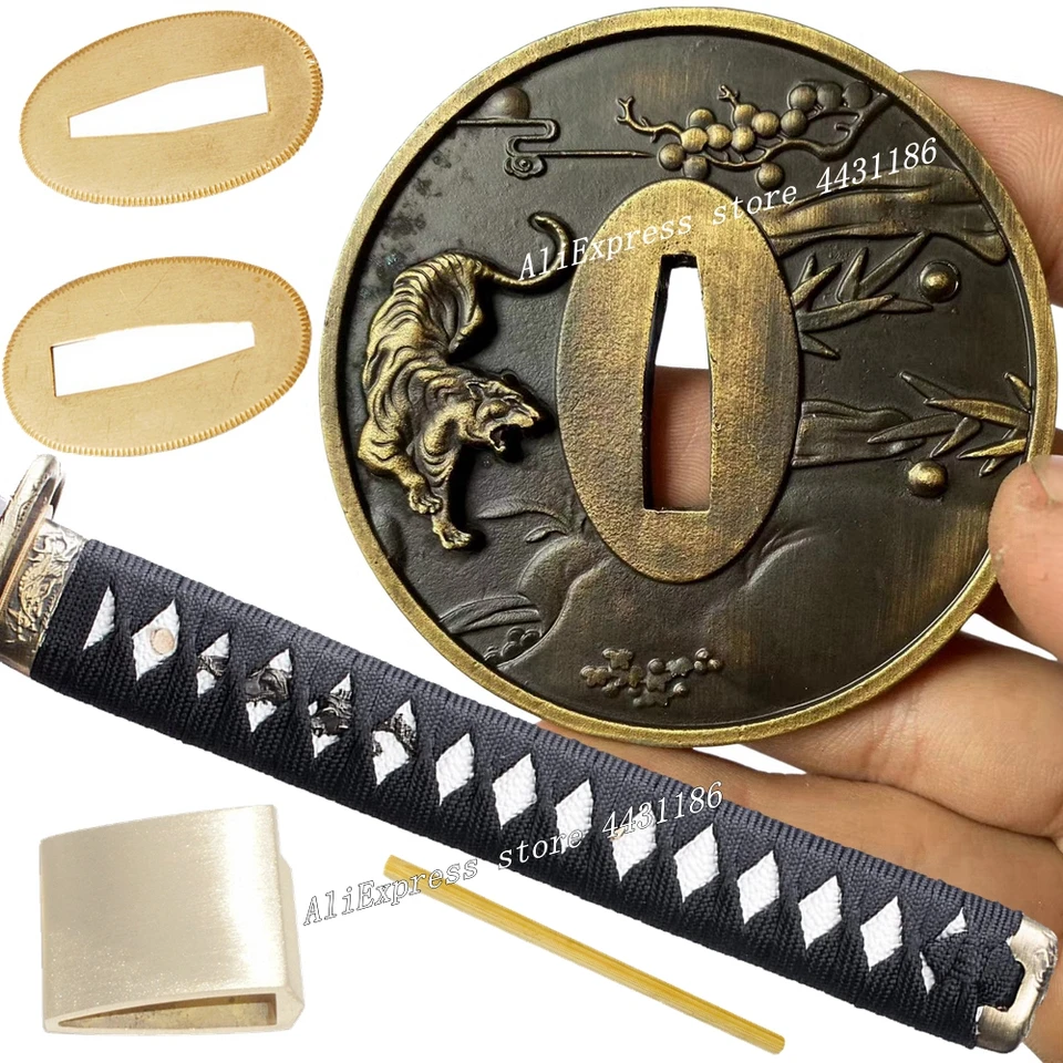 Set Tiger Tsuba Japanese Sword Hand-Guard+Menuki+fuchi+kashira+rukoväť+habaki+seppa pre katana/wakizashi/tanto zliatiny zliatiny