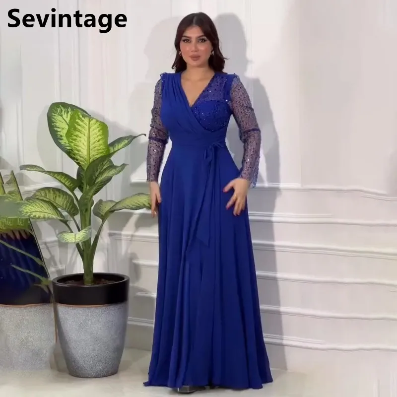 Sevintage 2025 Royal Blue Chiffon A Line Flitry s dlhým rukávom Večerné šaty na mieru vyrobené arabské plesové šaty Vestidos