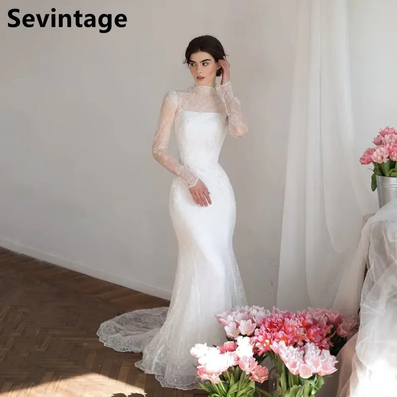 SEVINTAGE Prispôsobené 2025 NOVÉ Boho LACE MRICAD Svadobné šaty Vysoký krk ilúzia Dlhý rukáv Súdny vlak Svadobné šaty