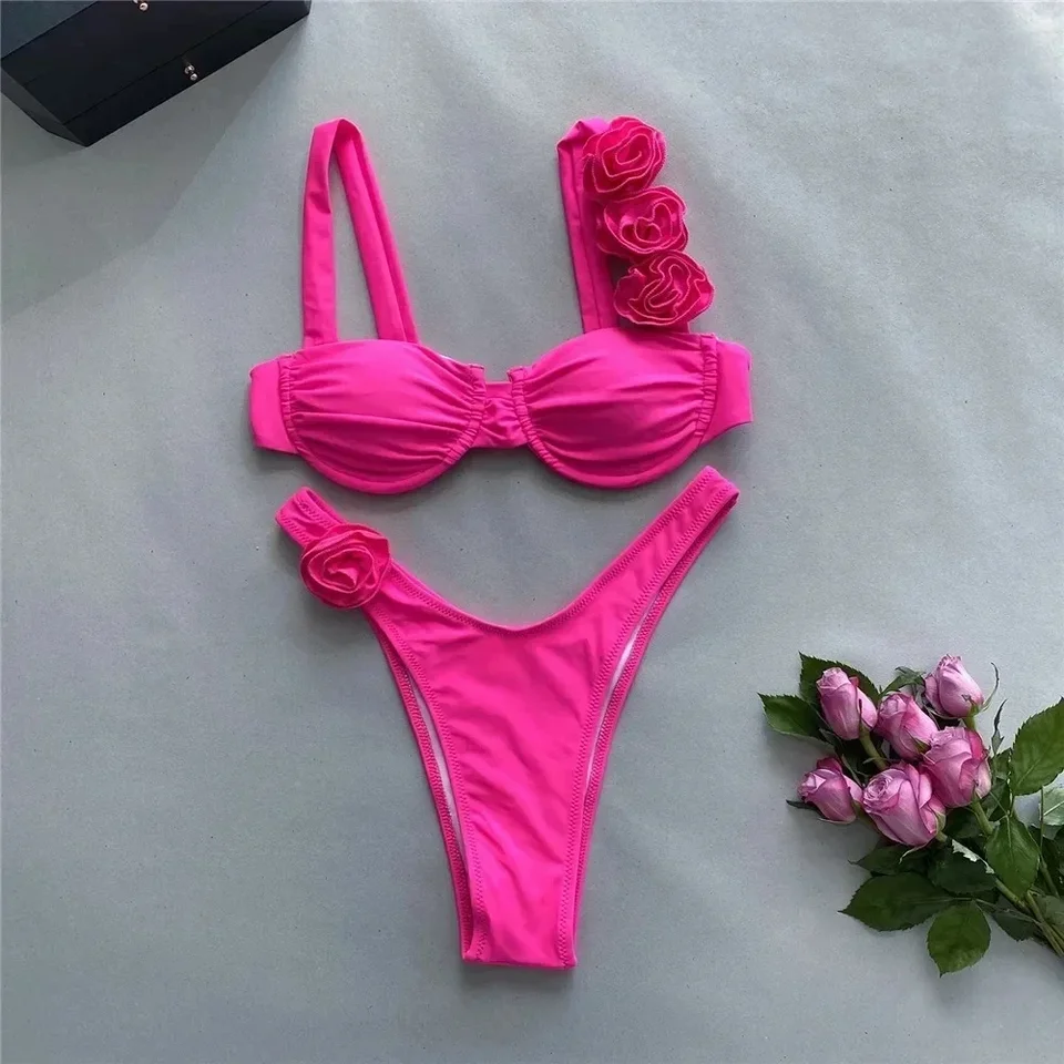 Sexy 3D kvetina Rose Red Push Up Bikinis Sety Dámske plavky 2025 Splave strihané plavky spodná časť plavky na plavky Micro Bikini Mujer