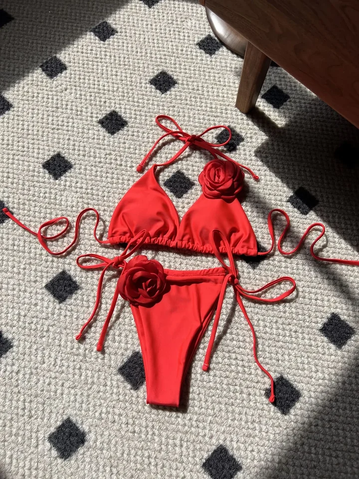 Sexy 3D kvetinové bikiny súpravy trojuholníka dva kusy ružová halebná šnúra Čalúnené plavky plavky ženské plavky Biquini Tankini