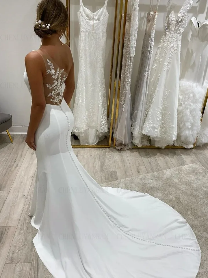 Sexy backless Mermaid Svadobné šaty Aplikácia jednostranná dĺžka podlahy Svadobné šaty pre ženy Vestidos de Novia