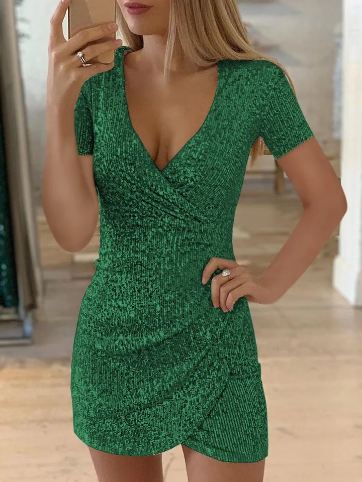 Sexy balík V-krku hip Nepravidelné šaty pre ženy módne flitry lesklé mini šaty s krátkym rukávom elegantné šaty večierky Žena