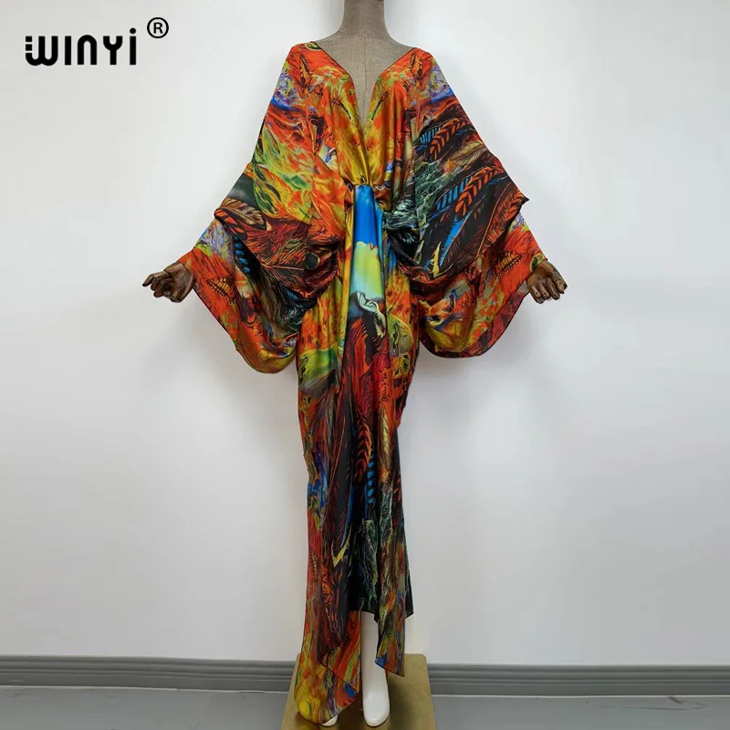 Sexy Beach Kaftan Caftan Feel Silk Rayon Fashion Print 2021 Winyi Maxi Dámske šaty dlhé Sukienka