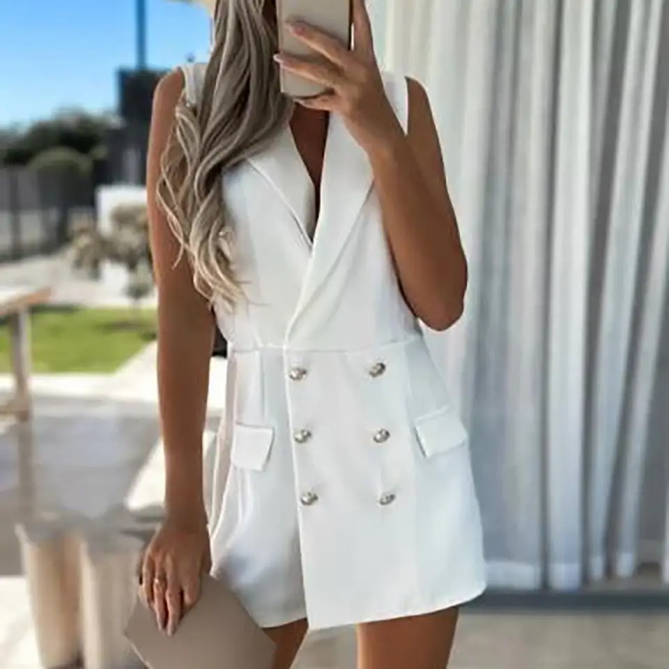 Sexy bez rukávov pre ženy pre ženy Blazer Strucksuit Double Breasted Combissuit Romper Dám