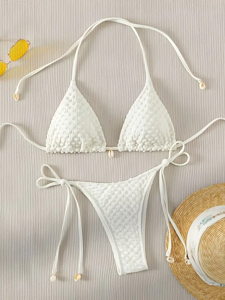 Sexy biela škrupina String Halter Triangle Bikini Set Ženy plavky Micro -tangové plavky plavky