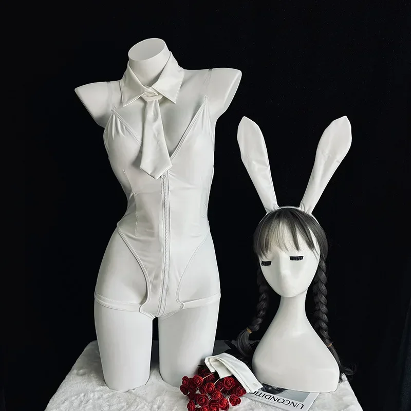 Sexy biely zajačik dievča Cosplay kostým Ženy Sexy kožené kombinézy roztomilé priateľka Rabbit Ears Uniforma Halloween Carnival oblečenie