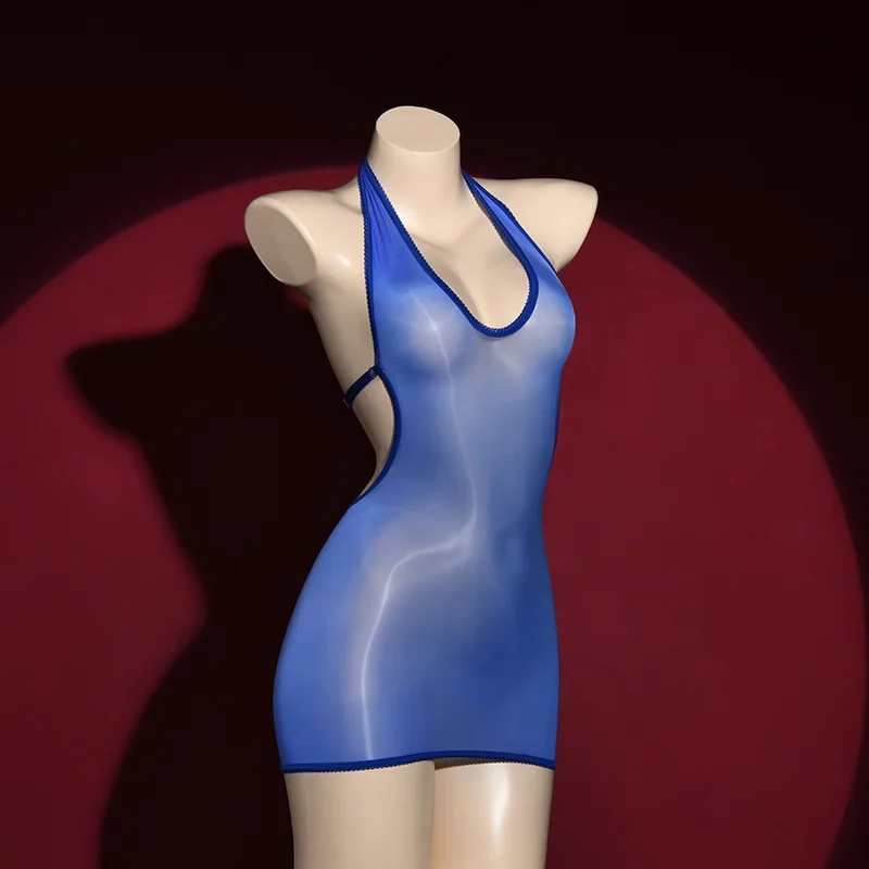 Sexy cosplay slúžka backless tesné mikro mini šaty 8d oleja lesklé šaty číre