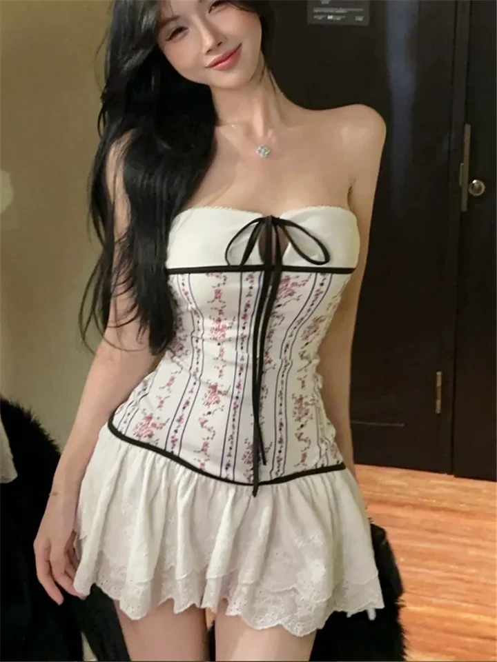Sexy dievča kvetinové tlač biele večierky šaty y2k ženy bez ramienok duté mini šaty nové letné módne rukávy bez rukávov Super krátke šaty