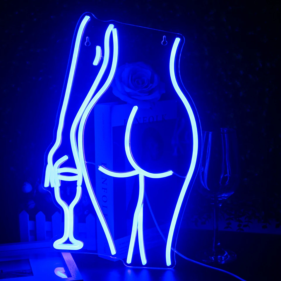 Sexy dáma LED neónové ľahké víno sklo Neónové znamenie Žena modré LED svetlo LED pre bar domácu izbu dekorácie Svadba USB nástenná lampa