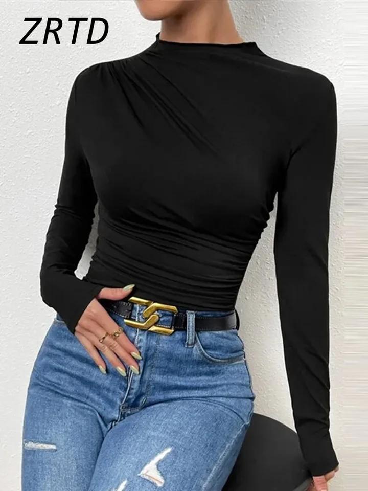 Sexy dámske pevné skladané tričko Slim O-Neck s dlhým rukávom Dlhé rukávy Topy 2024 Jeseň zimná zimná dáma Causal Cozy All-Match Tops
