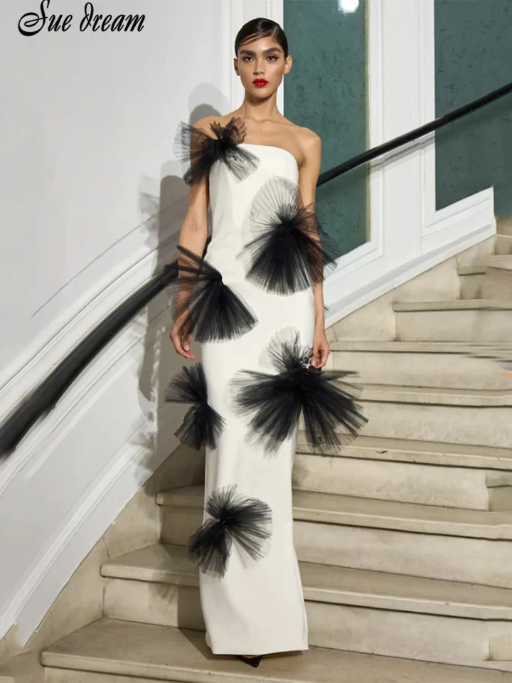 Sexy dámske remienky bez ramienok 3D čierny typ kvetiny dlhé šaty Bodycon Celebrity Club Party večerné šaty Vestidos