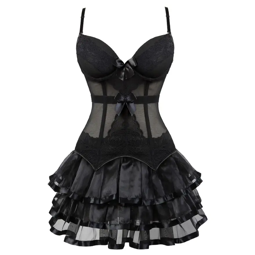 Sexy elasticita spodná bielizeň Transparentné čipky korzet pre ženy spodná bielizeň Slim Pastier Bustier Push Up Corset s mini sukňou