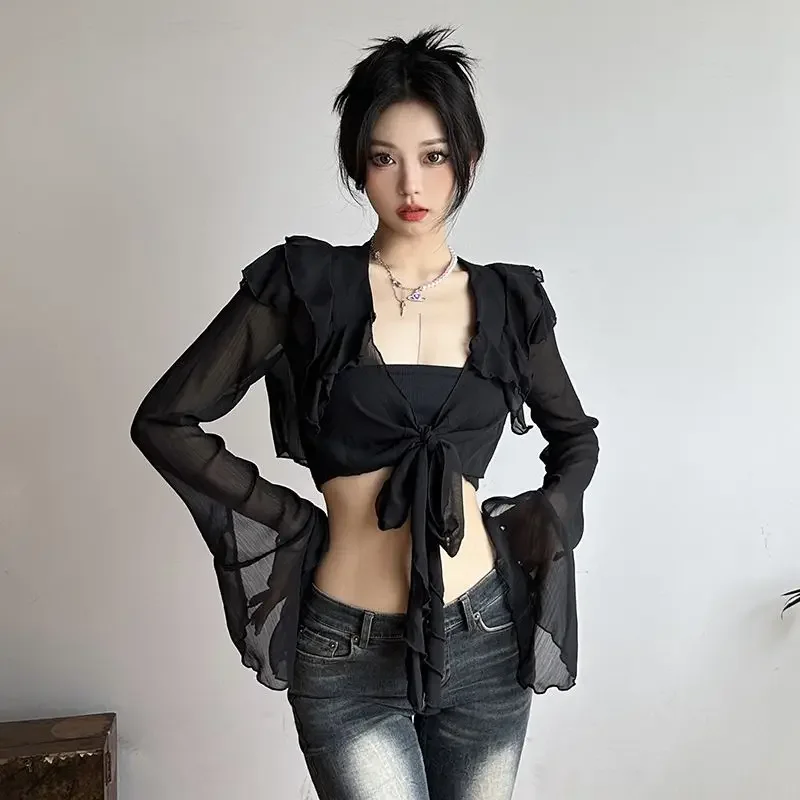 Sexy elegantné čierne šifónové blúzky Ženy Goth Ruffle Tops Tops Crop Mesh Priehľadné tričká
