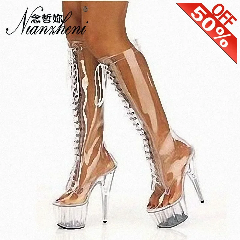 Sexy fetiš priehľadné krištáľové topánky 6 palcov vysoké podpätky, päty podpätky šnurované, stehenné vysoké koleno topánky 15 cm exotické pólové tanečné show
