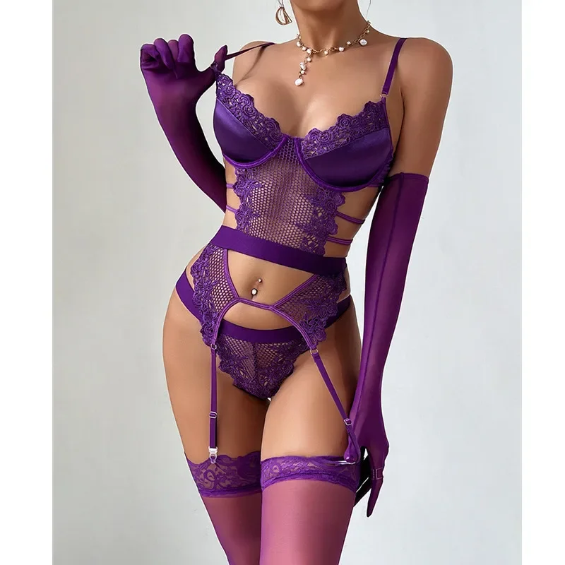 Sexy fialová hrozna spodná bielizeň hodvábne zostrihová perspektíva podprsenka set s rukavicami Sexy sety sexy kostýmové šaty čipk