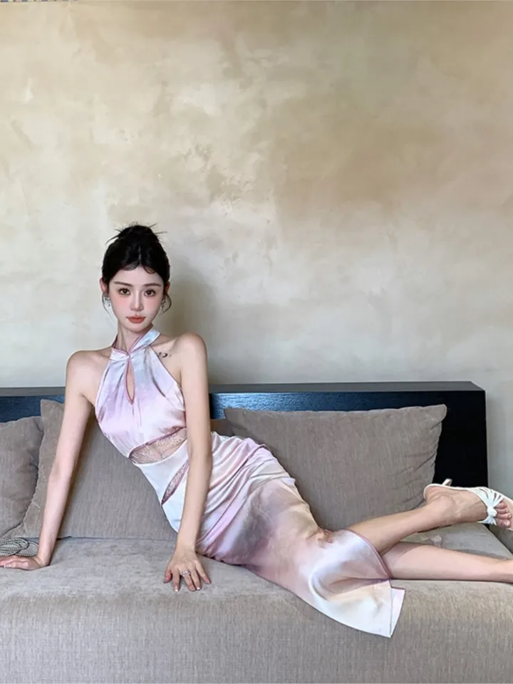 Sexy halter krk štíhly čínsky štýl qipao šaty vintage kravata farbivo večierok hip dutina out večerné párty šaty móda 2024 leto
