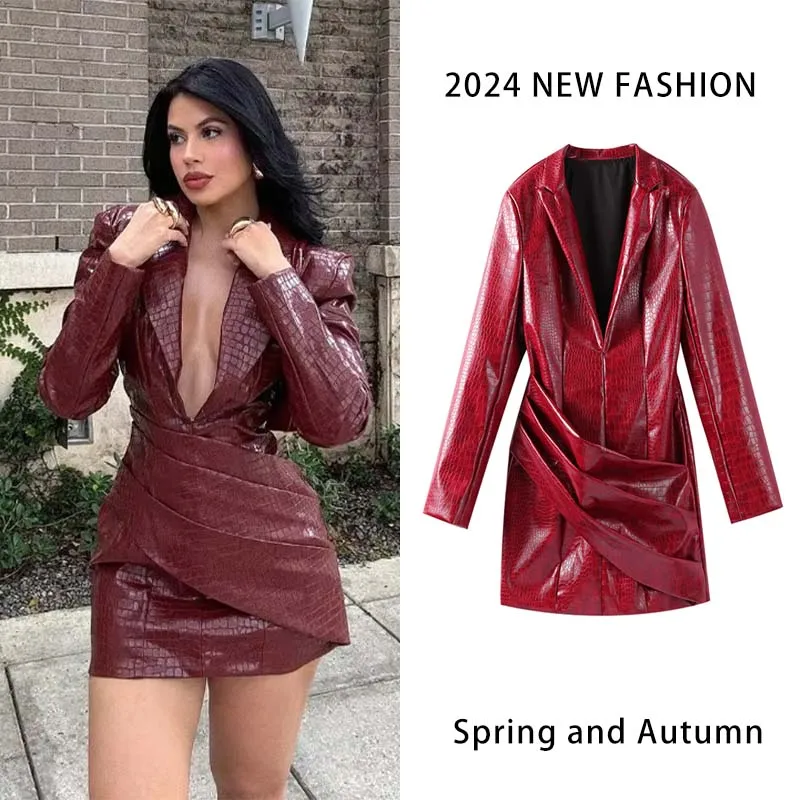 Sexy hlboké v krku PU kožené šaty X-Type Slim Burgundsky šaty Ženy s dlhým rukávom s vysokým pásom záhyby