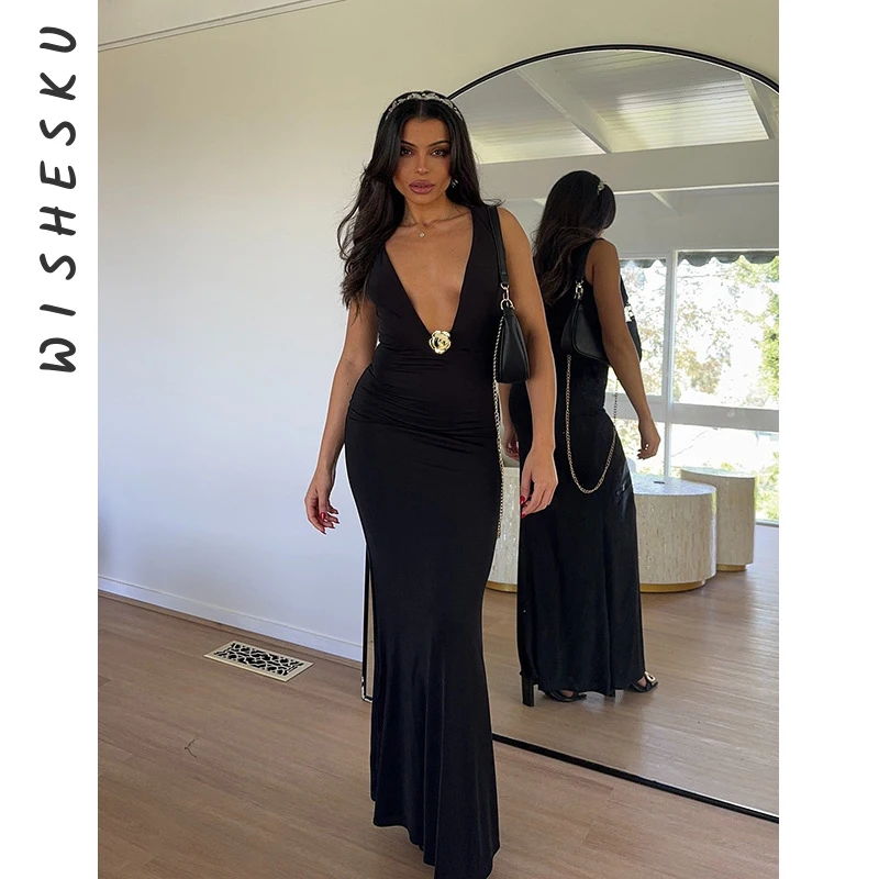 Sexy hlboký v krku bez rukávov Casy Maxi Dress Ženy vyrezané čierne gotické párty Vestido 2025 jarná letná noc plesové oblečenie