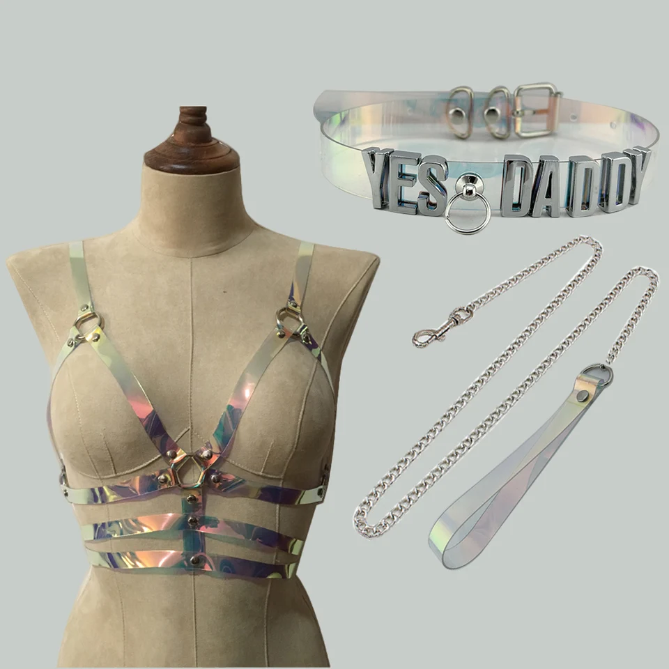 Sexy holografický PVC Body Barness Dúhový kusovník Top podprsenka klietkových pásov pásov pre ženy na prispôsobené áno