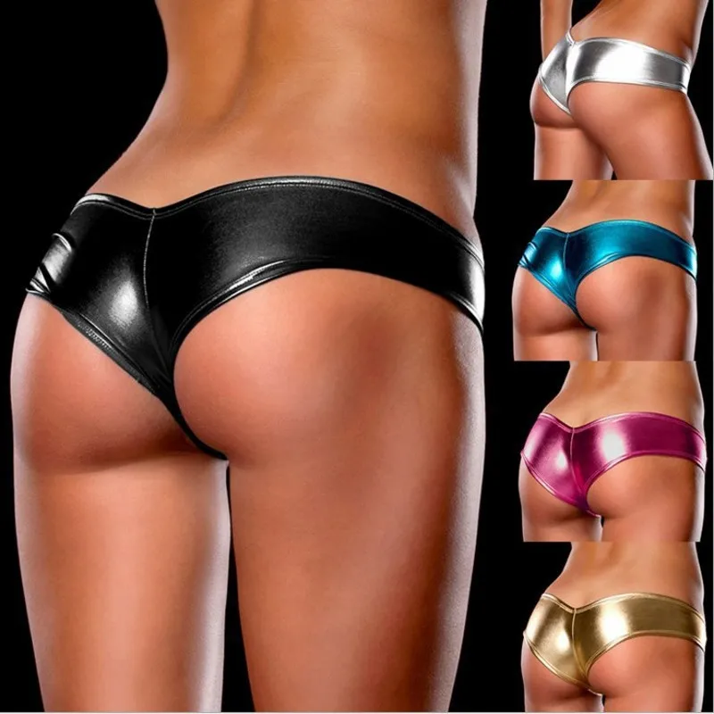 Sexy horúca erotická latexová spodná bielizeň s nízkym pásom široké bočné bočné kovové kožené kožené kožené bikiny scrunch nohavičky