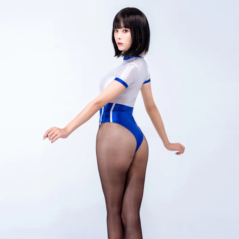 Sexy japonské ženy Bodysuit posádka krk lesklý pohľad cez talky remienok ColorBlock plus veľkosť plaviek s vysokým úsekom