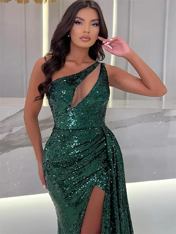 Sexy jedným ramenom Tmavá zelená morská panna žien Prom Prom Party Gowns Slidňy rozdelené večerné šaty Keyho dierka krk arabčina aso ebi príležitosť