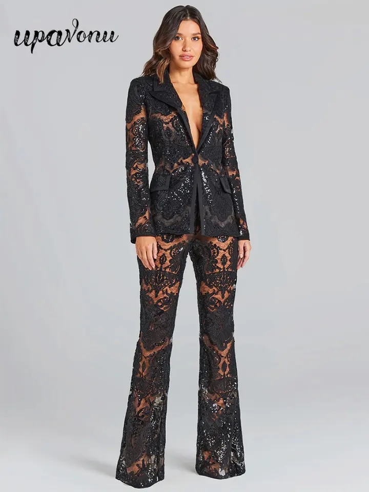 Sexy jesenná dámska flitrová perspektíva Perspektívy obleku Sada s polo golier s dlhým rukávom Slim Fit Suit Coat+Flare Pants Two -Peting Set