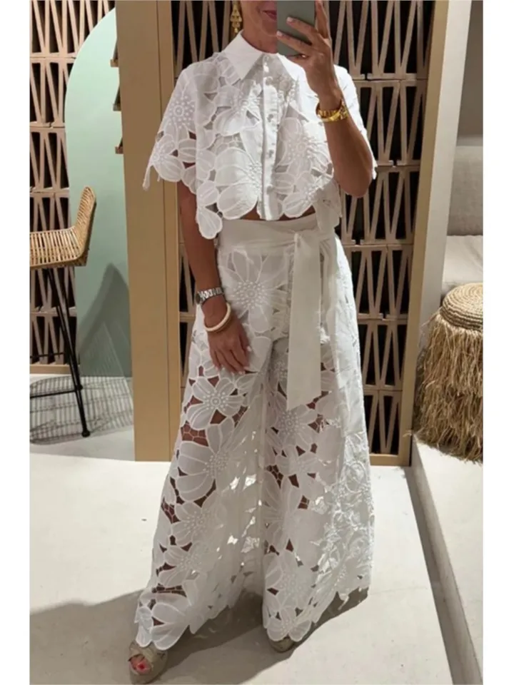 Sexy klošné s jednostranným košeľom top + široké nohavice 2-dielne sada dám móda pevná farba elegantná ležérna dutá dutina Žena