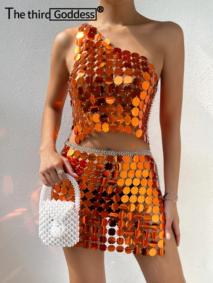 Sexy kovové flitry Slip Mini Summer Dress Ženy 2024 Pozrite sa cez plážové šaty súpravy jednotlivých ramenných trblietavých party šaty Vestido