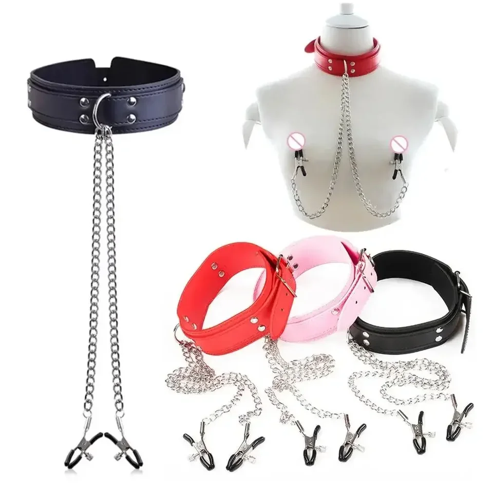 Sexy kožený obojok Choker s bradavkou svorkovou klipovou klipovou reťazou SM Bondage Pár SM Sex Hračky pre ženy erotické nástroje pre dospelé hry