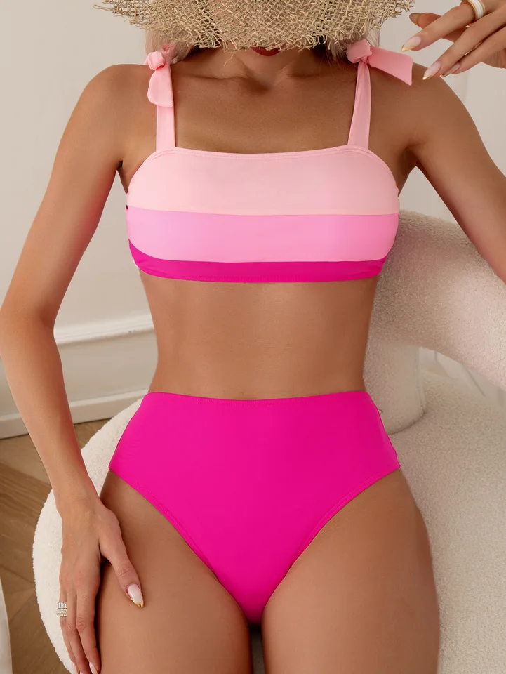 Sexy kravata Rameno High Bikinis Sety Dva kúsky ružové plavky Ženy Čalúnené plavky Bandeau Brazílske Biquini Beach Wear