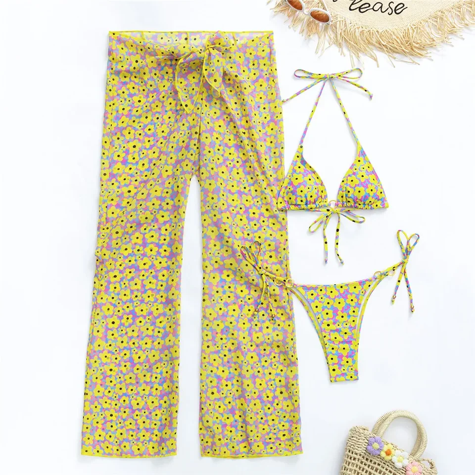 Sexy kvetinová tlače plavky 3 -kusové bikiny súpravy s nohavicami plavky Ženy 2025 Micro Thong Bikinis de Mujer Beach Wear Wear Bather