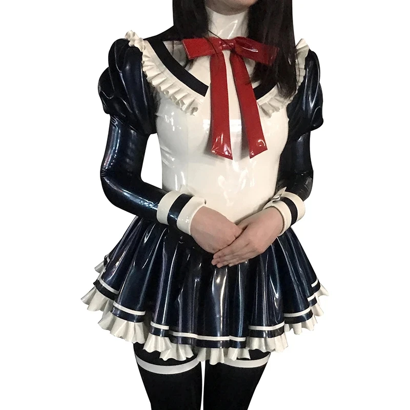 Sexy latex francúzske slúžky šaty so zipsami zadné oblátky rukávy Rufty