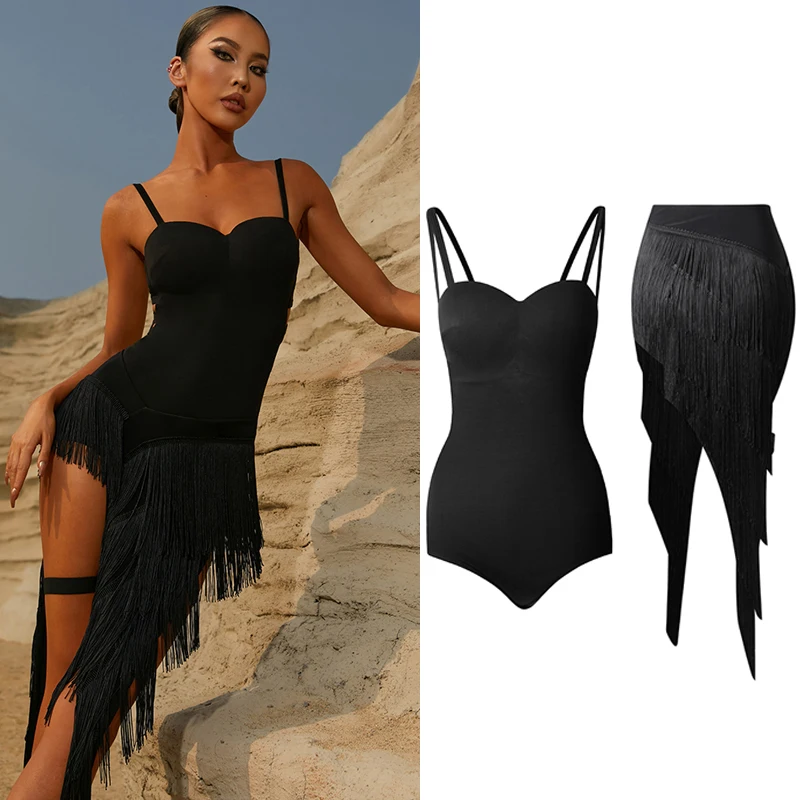 Sexy latinské tanečné šaty Ženy Čierne topy Fringe sukňa Dospelá latinská súťaž šaty Cha Rumba Samba Dance Clothes Dnv17613