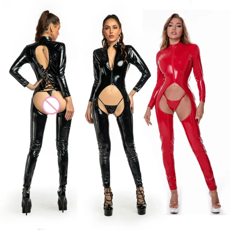 Sexy lesklá kožená žena plná kombinéza Open Crotch obväz