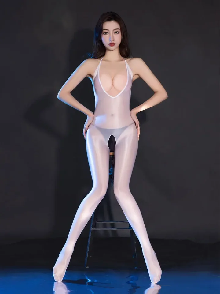 Sexy lesklý otvorený rozkrok hlboký V-krk Bodysuit Oil Lesklózny číry videnie cez sexy pančuchá