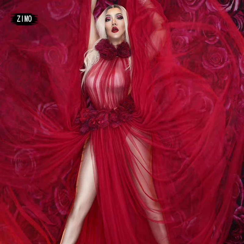 Sexy mesh červené kvetinové šaty klub Muž Dámske večierky Svadba narodeniny šaty speváčka scéna outfit Dance Drag Queen Performance Performance kostým