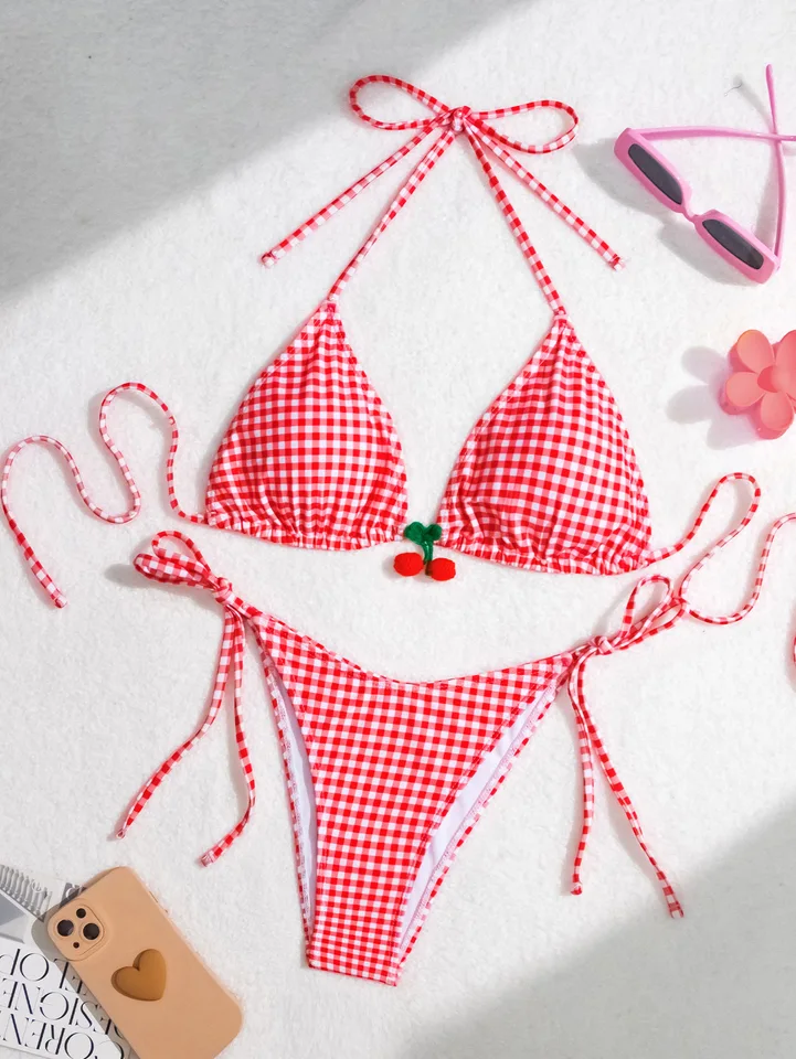 Sexy mikro bikiny 2024 Ženské plavky Red Gingham plaviek Ženy String tangé bikinis set female plaviek na pláži Wear Biquini