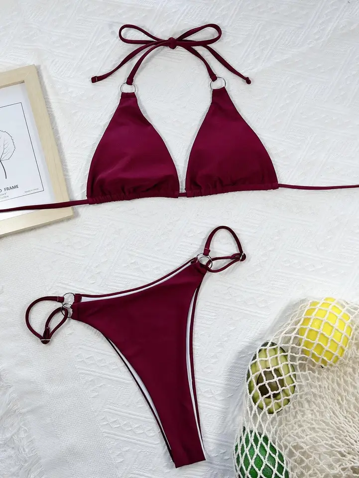 Sexy mikro bikiny 2025 Ženy hnedý víno kovový prsteň spojený s trojuholníkom plavky brazílska plážová plavky
